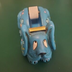 Vintage Style Blue Floral Dog Ceramic Tape Dispenser Boho Folk Art Cottage Core